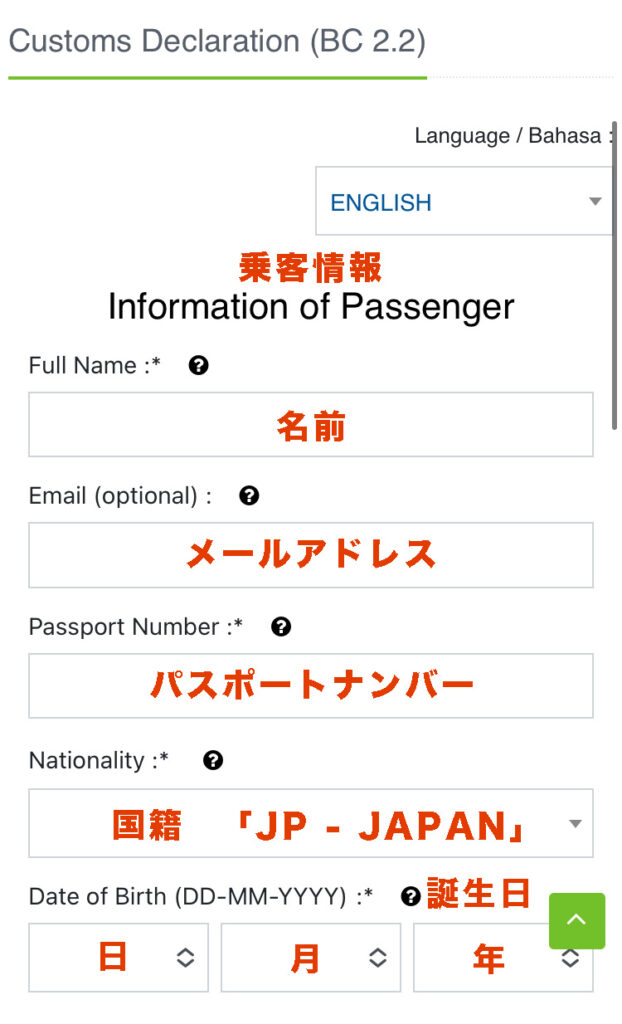 インドネシア税関申告書の乗客情報